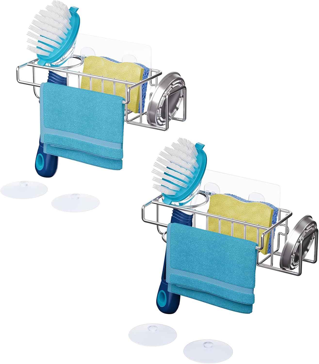 HapiRm 4 in 1 Sink Caddy Sponge Holder, SUS304 Stainless Steel Kitchen Brush Holder + Dish Cloth Hanger + Soap Rack + Sink Stopper Rack + Sponge Caddy for Kitchen - Silver