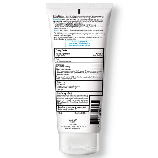 la roche posay effaclar medicated gel cleanser, 2% salicylic acid, lha, glycerin, oil free, dermatologist tested face wash for acne prone skin