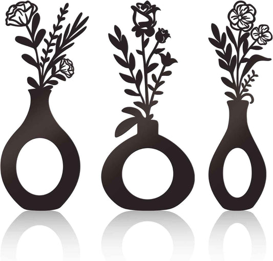 3 Pcs Black Flowers and Vases Decor Metal Flower Wall Decoration Metal Vase Wall Art Floral Home Decor Minimalist Art for Home Living Room Bathroom Dining Room (Modern)