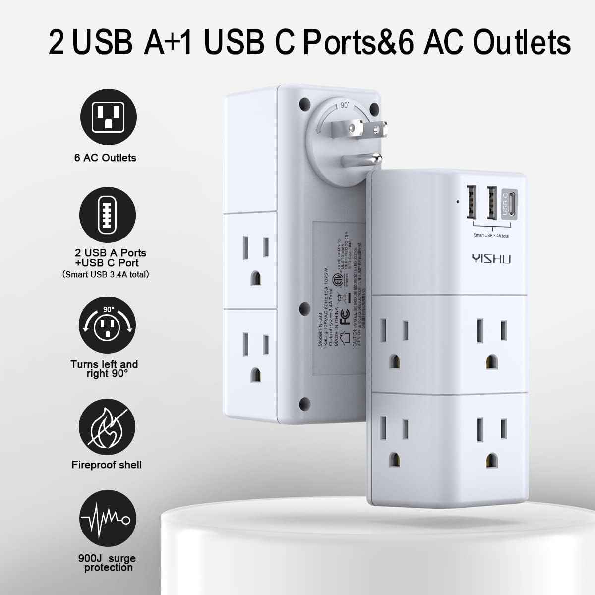 USB Multi Plug Outlet Extender - YISHU Surge Protector with Rotating Plug, 6 AC Plug Extender with 3 USB Ports, 3-Sided Swivel Power Strip Best Ideal Stocking Stuffers for Adults