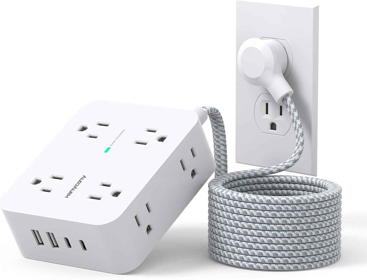 Surge Protector Power Strip - HANYCONY 8 Outlets 4 USB (2 USB C) Charging Ports, Multi Plug Outlet Extender, 5Ft Braided Extension Cord, Flat Plug Wall Mount Desk Charging Station for Home Office ETL