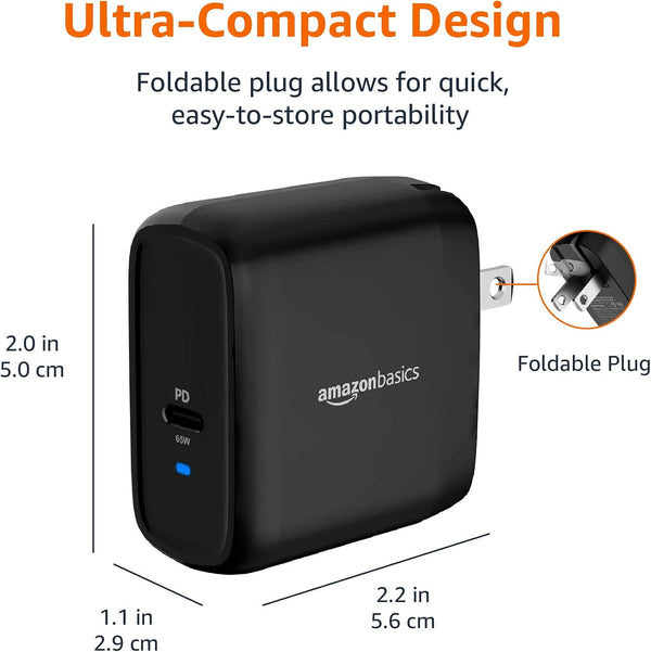 Amazon Basics 65W One-Port GaN USB-C Wall Charger with Power Delivery PD 3.0, Foldable Plug, Portable, Fast Charging for Laptops, Tablets & Phones, Black