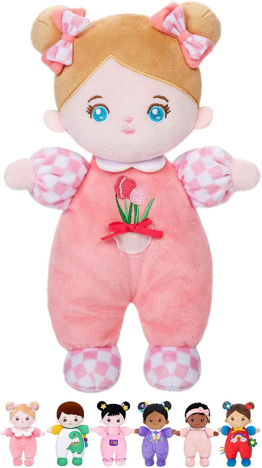 OUOZZZ Soft Baby Doll for 1+ Year Old Girl Gifts - Toys for 1+ Year Old Girl Birthday Christmas Plush Gifts for Toddler Adorable First Doll Tulip Pink 10"