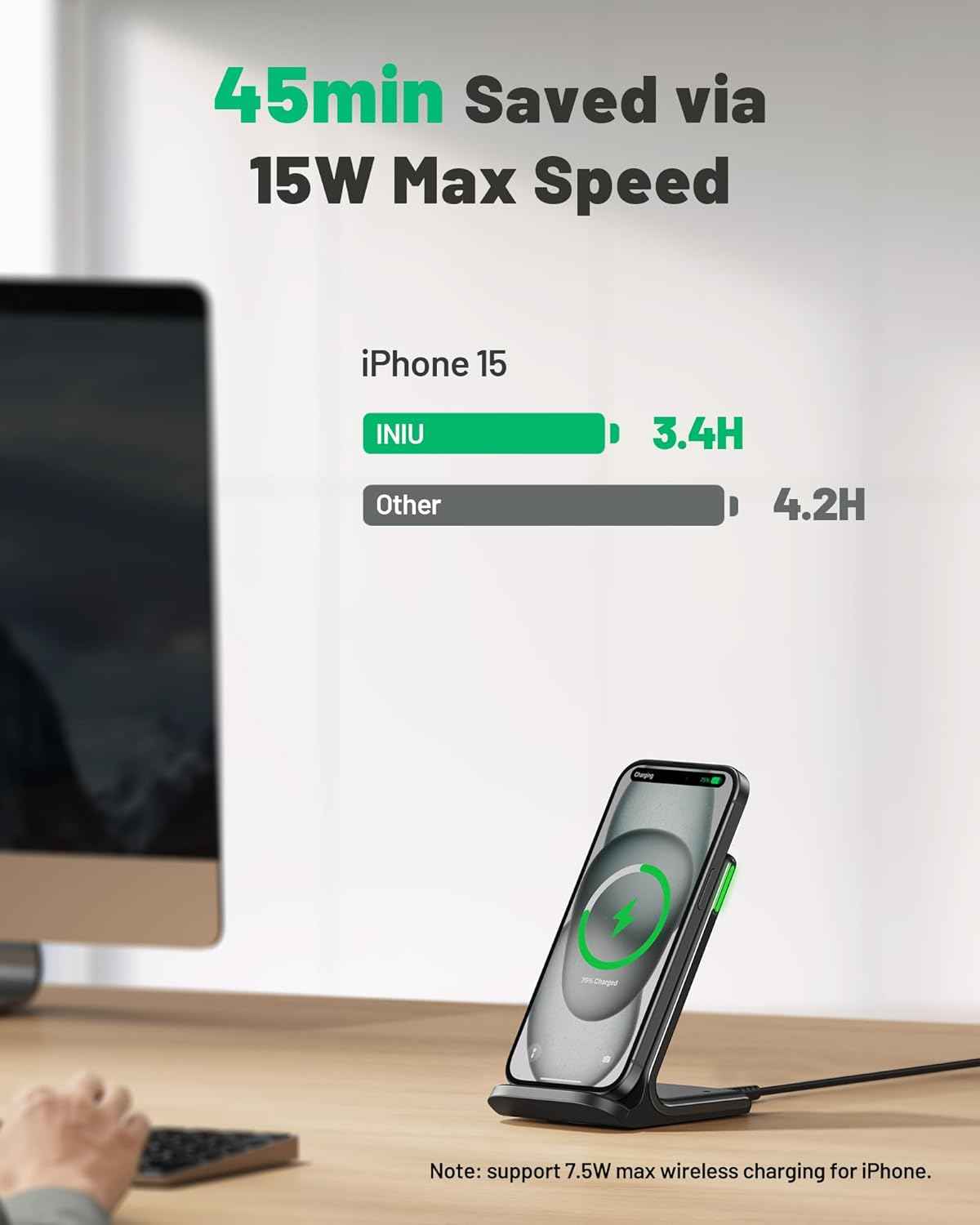 INIU Wireless Charger, 15W Fast Qi Certified Wireless Charging Station with Sleep-Friendly Adaptive Light Compatible with iPhone 17 16 15 14 13 12 Pro Max Samsung Galaxy S25 S24 S23 Note 20 Google etc