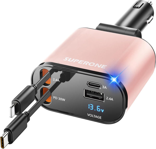 【Upgraded】 SUPERONE Retractable Car Charger 4 in 1, Fast Car Phone Charger with Cord 2.6ft, USB C and Apple Car Adapter, Compatible with iPhone 17 16 15/15 Pro Max/14/13/12/11, Galaxy, Pixel - Rayz Mart