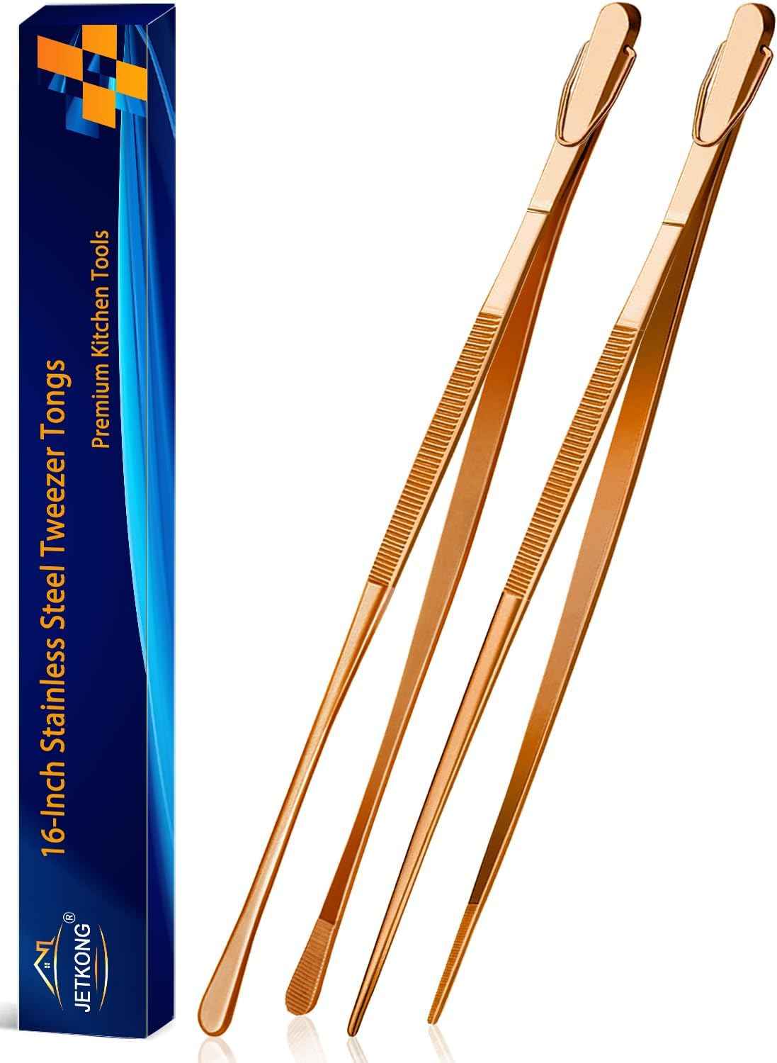 JETKONG 2 Pcs 12-Inch Kitchen Tweezers Fine Tweezer Tongs, Extra-Long Stainless Steel Cooking Tweezers (Silver)
