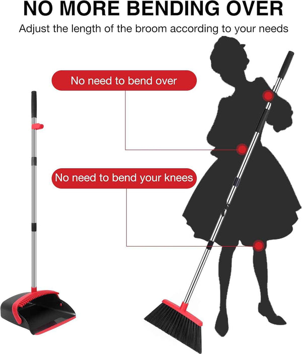 NACENA 52-Inch Adjustable Broom and Dustpan Set with Teeth for Hair Removal, Suitable for Home, Kitchen, Office, and Hall (Black & Red)