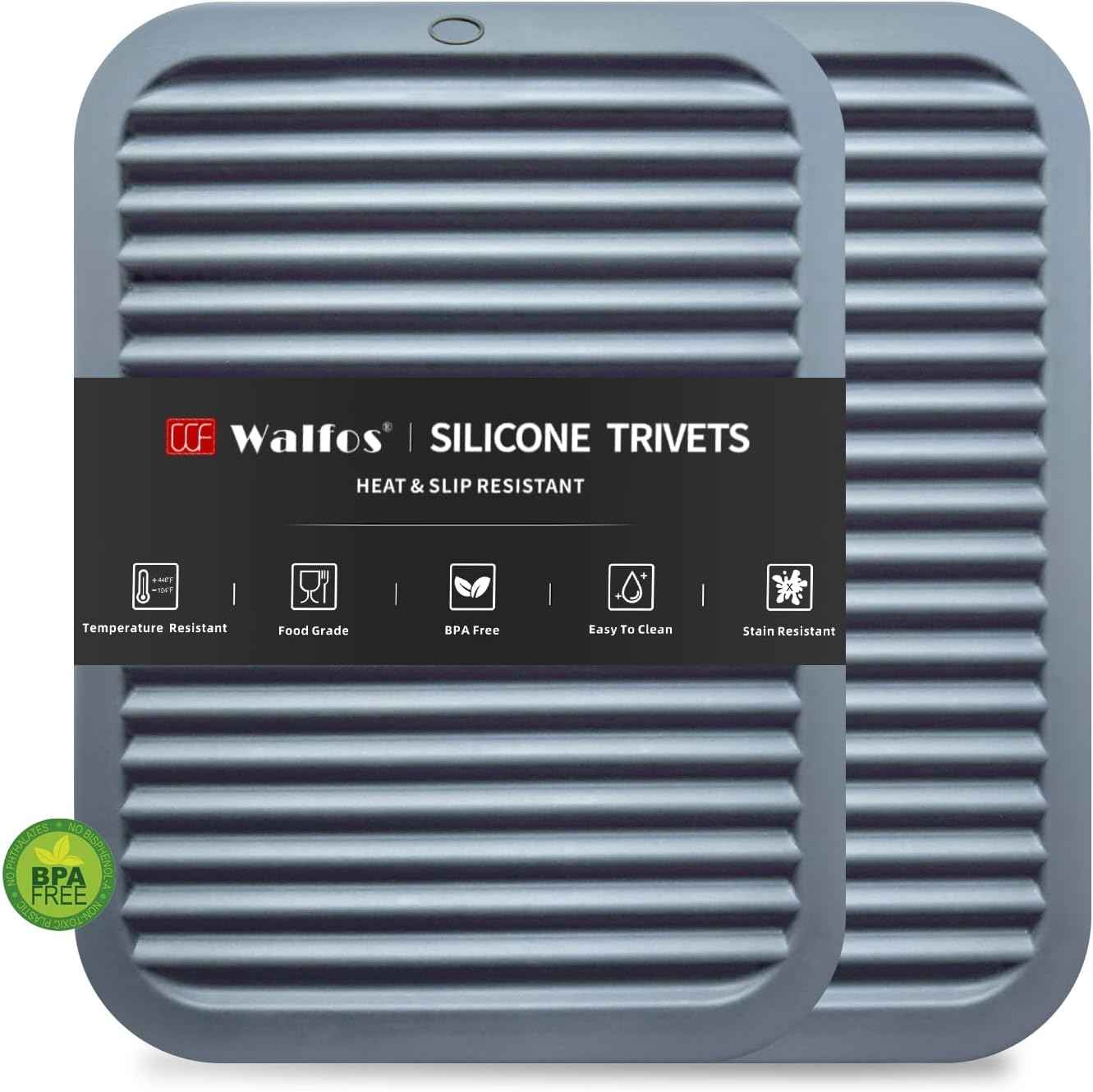 Walfos Silicone Trivet Mats - 4 Heat Resistant Pot Holders, Multipurpose Non-Slip Hot Pads for Kitchen Potholders, Hot Dishers, Jar Opener, Spoon Holder, Food Grade Silicone & BPA Free (Black)