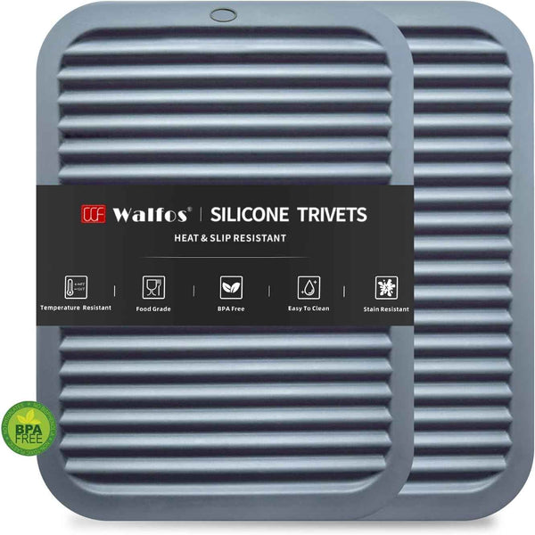 Walfos Silicone Trivet Mats - 4 Heat Resistant Pot Holders, Multipurpose Non-Slip Hot Pads for Kitchen Potholders, Hot Dishers, Jar Opener, Spoon Holder, Food Grade Silicone & BPA Free (Black)
