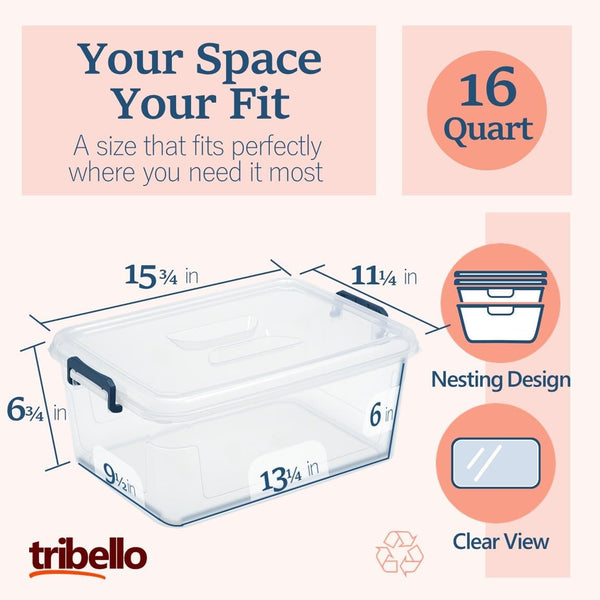 Tribello Clear Stackable Plastic Storage Containers with Lids, 16 Qt, 2 Pack