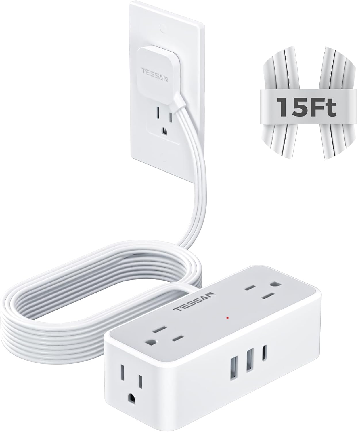 TESSAN Flat Plug Extension Cord 5 FT, Surge Protector Power Strip with 4 AC Outlets 1 USB C and 2 USB A Ports, 900 Joules Protection, Multiple Wall Outlet Extender Suitable for Home Office Dorm