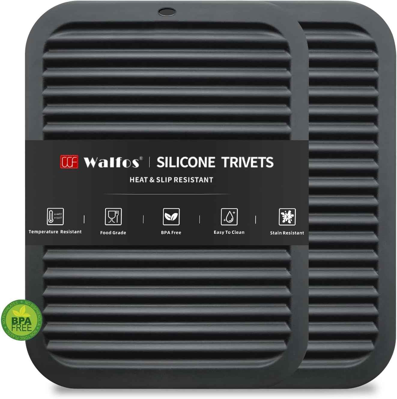 Walfos Silicone Trivet Mats - 4 Heat Resistant Pot Holders, Multipurpose Non-Slip Hot Pads for Kitchen Potholders, Hot Dishers, Jar Opener, Spoon Holder, Food Grade Silicone & BPA Free (Black)