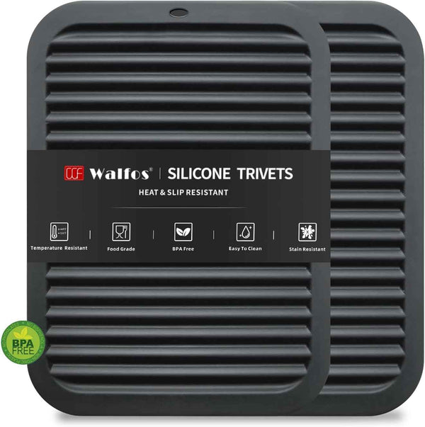Walfos Silicone Trivet Mats - 4 Heat Resistant Pot Holders, Multipurpose Non-Slip Hot Pads for Kitchen Potholders, Hot Dishers, Jar Opener, Spoon Holder, Food Grade Silicone & BPA Free (Black)