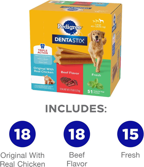 pedigree dentastix large breed dog treats original beef flavor dental chews 2.73 lb variety pack