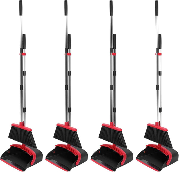 NACENA Broom and Dustpan Set, 52-in Long Adjustable Handle Broom Dustpan Combo with Dustpan Teeth to Automatically Clean Hair Suitable for Home Kitchen Office Hall Floor（Black&Red）