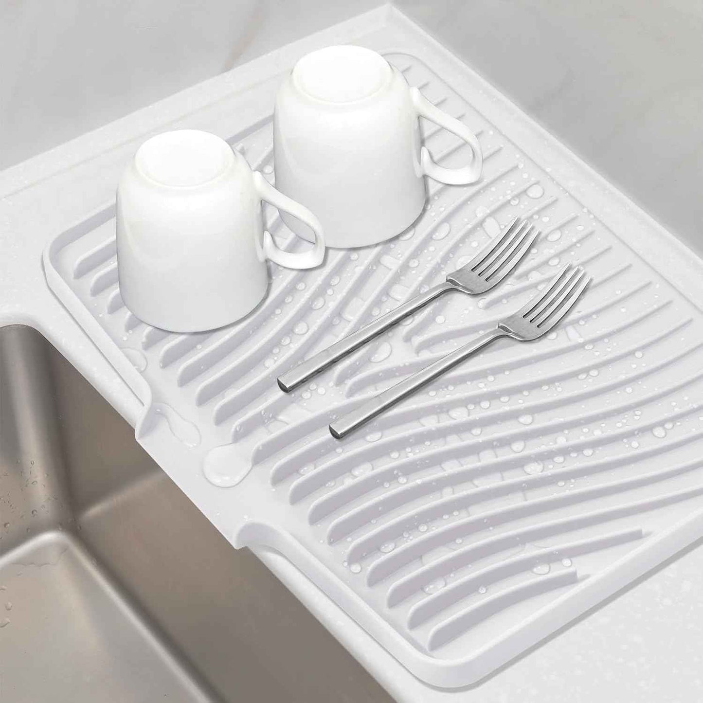 Silicone Dish Drying Mat for Kitchen Counter, Dish Drying Pad, Non-Slip Drain Pad with Built-in Drain, Heat Resistant Stone Drying Mat(15.8" x 13", Grey)