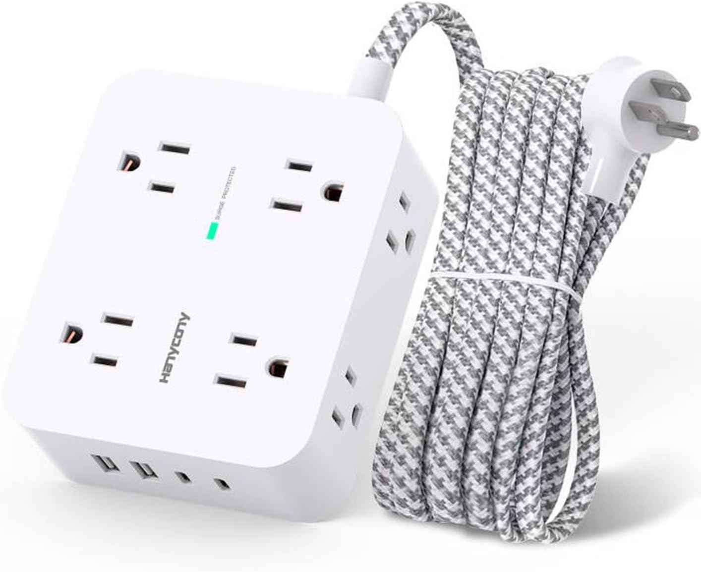 Surge Protector Power Strip - HANYCONY 8 Outlets 4 USB (2 USB C) Charging Ports, Multi Plug Outlet Extender, 5Ft Braided Extension Cord, Flat Plug Wall Mount Desk Charging Station for Home Office ETL