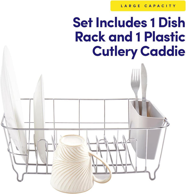 Compact dish drying rack with utensil holder for kitchen sink