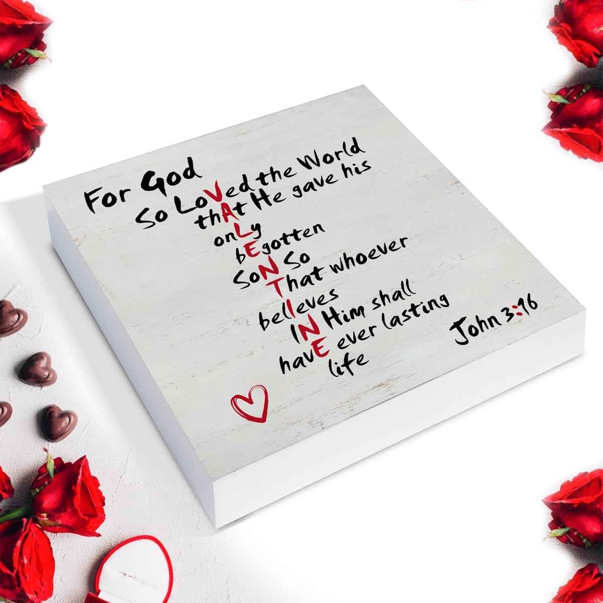 Christian Valentines Decor, Rustic John 3:16 Bible Verse Scriptures Wooden Sign Home Tabletop Shelf Desk Decoration Valentines Day Decor