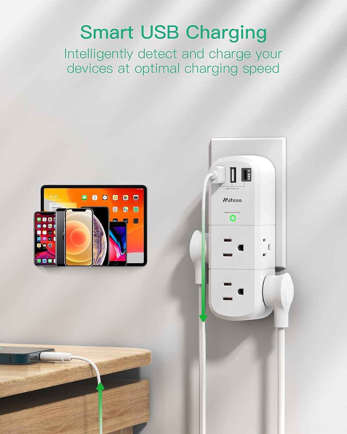 Outlet Extender with Rotating Plug, Mifaso Surge Protector 6 AC Multi Plug Wall Outlets and 3 USB Ports, 1800 Joules, 3-Sided Swivel Power Strip Spaced Splitter for Home, Travel, Dorm Room Essentials