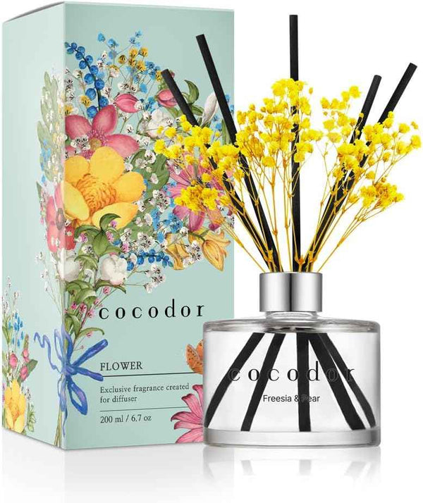 COCODOR Reed Diffuser Set with Preserved Baby's Breath with Sticks/April Breeze / 6.7oz / Scent Fragrance Oil Diffuser for Bedroom Bathroom Home Décor