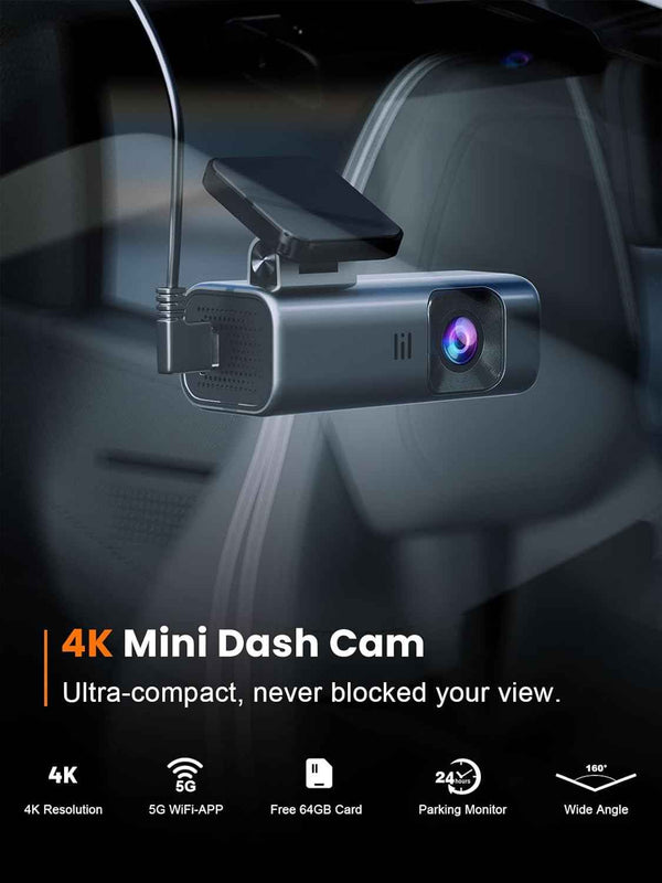 Galphi-Q2 4K dash cam with 5G WiFi, 64GB card, loop recording, and 24-hour parking monitor
