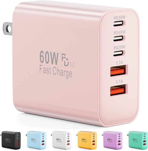 60W 5-Port USB C Charger Block with Fast Charging and Multiple Ports