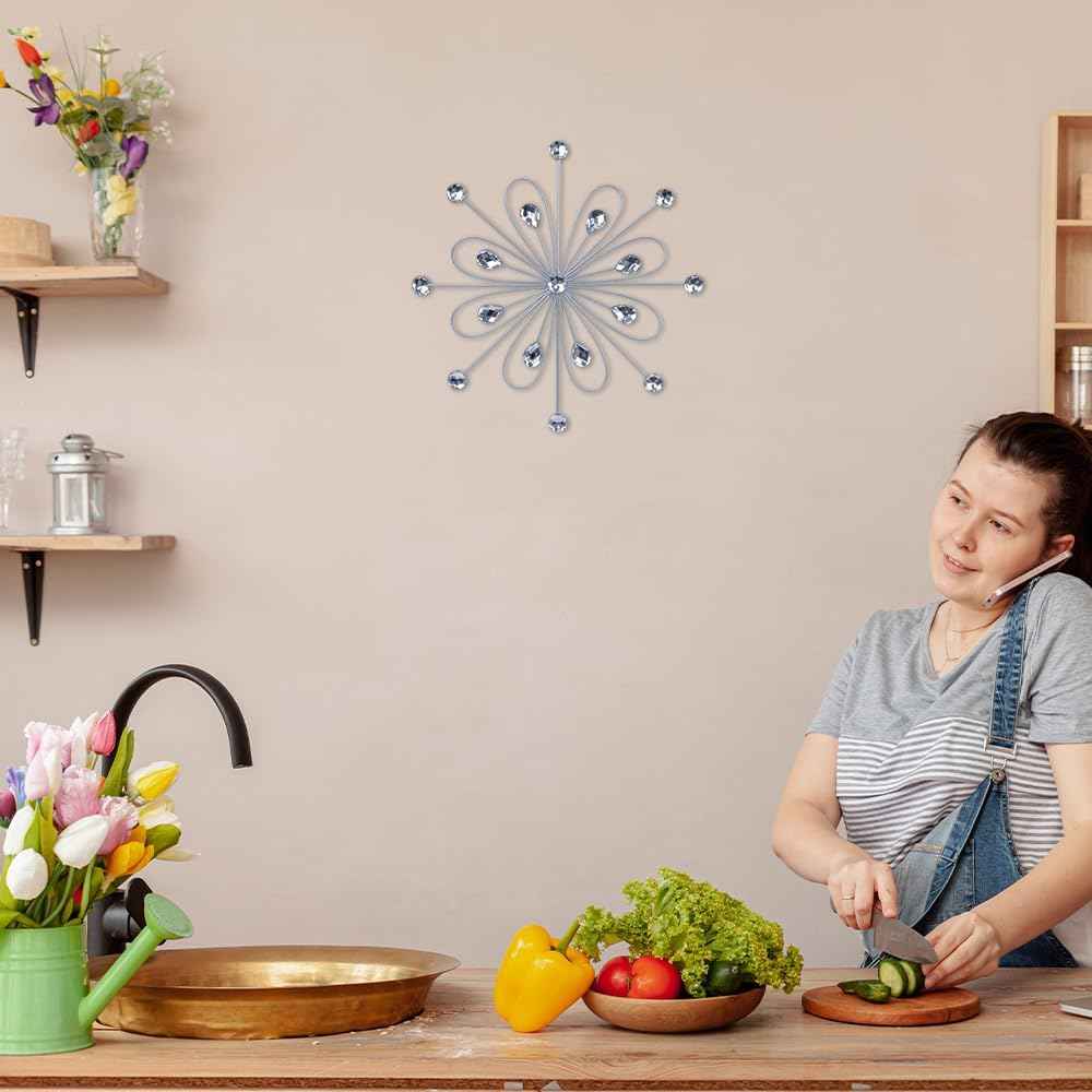 hogardeck Metal Flower Wall Decor, 11inch Silver Metal Jeweled Wall Art Bling Crystal Home Décor, Sun Burst Rhinestone Wall Hanging Diamond Accents for for Indoor, Outdoor, Living Room, Bedroom