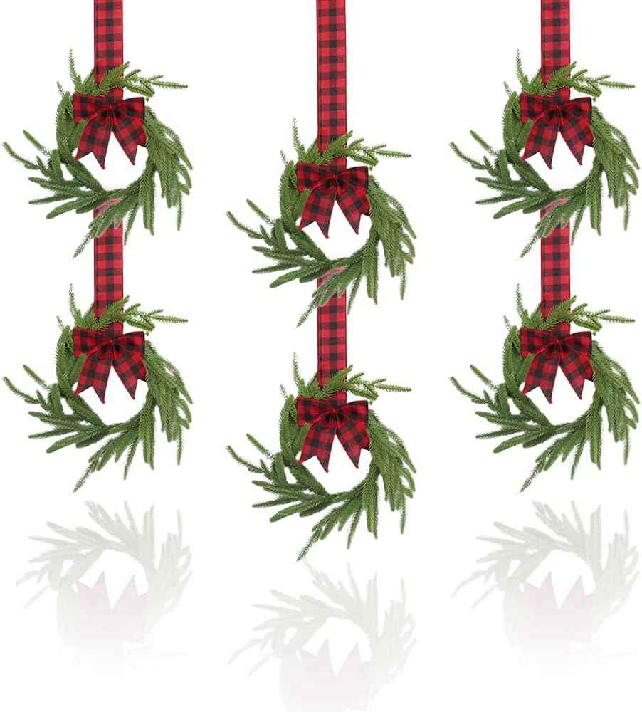 Small Christmas Wreath, 6 Pcs 6" Mini Christmas Wreaths for Cabinets, Small Cabinet Wreaths for Kitchen Cabinet Window Door Farmhouse Christmas Party Decorations Candle Rings Fireplaces (A)