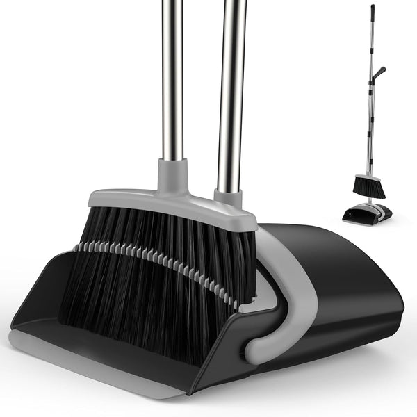 Broom and Dustpan Set for Home, 51-in Long Adjustable Handle Angle Broom and Dustpan Combo Set with Dust Pan Teeth to Clean Hair for Home Kitchen Office Lobby Floor Garden (Black&White)