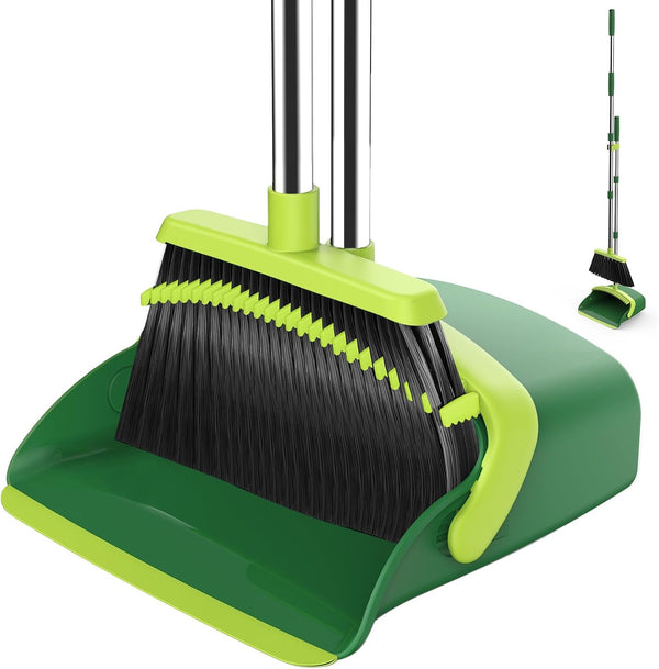NACENA Broom and Dustpan Set, 52-in Long Adjustable Handle Broom Dustpan Combo with Dustpan Teeth to Automatically Clean Hair Suitable for Home Kitchen Office Hall Floor（Black&Red）