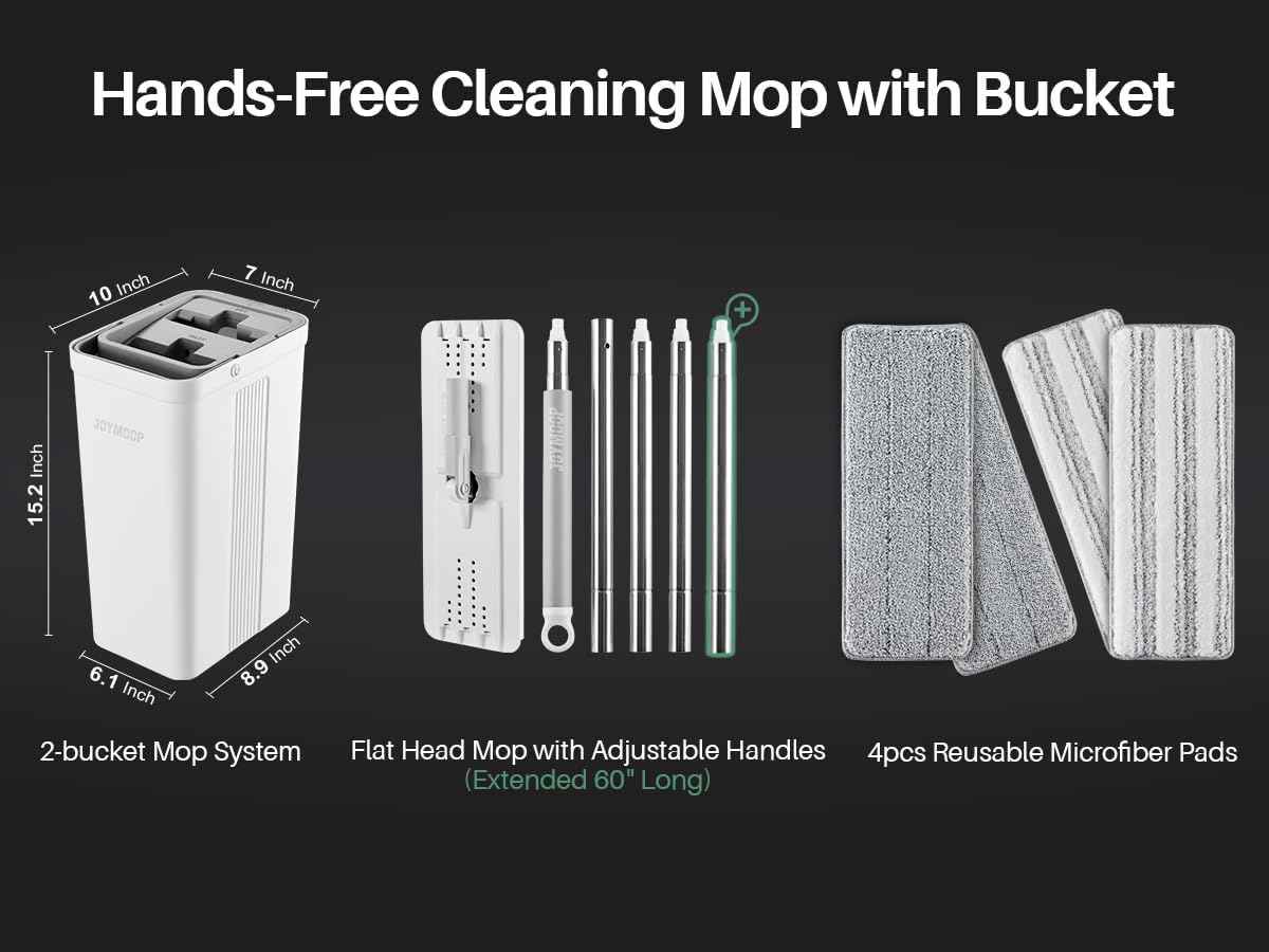 JOYMOOP Mop and Bucket Set with Wringer, Flat Mops for Floor Cleaning, Wall Mop Cleaner with Long Handle, Hardwood Floor Mop with 4 Microfiber Pads