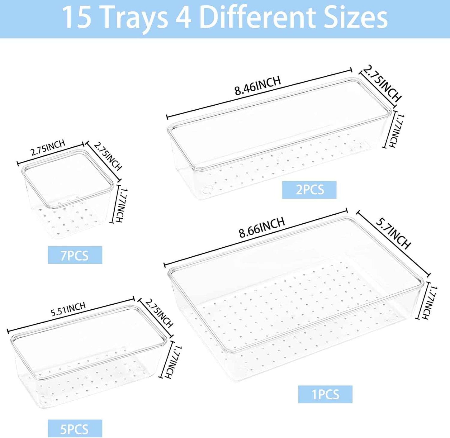 Drawer Organizer Set of 15, 4 Sizes Clear Plastic for Kitchen, Bathroom, Office, Dresser Desk Organizers