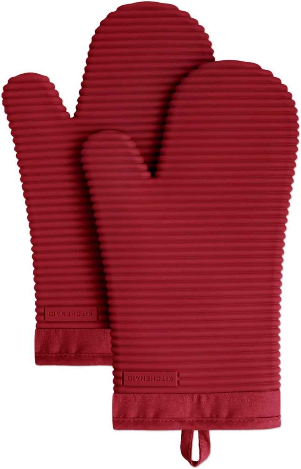 KITCHENAID Ribbed Soft Silicone Oven Mitt 2-Pack Set, 7.5"x13", Milkshake