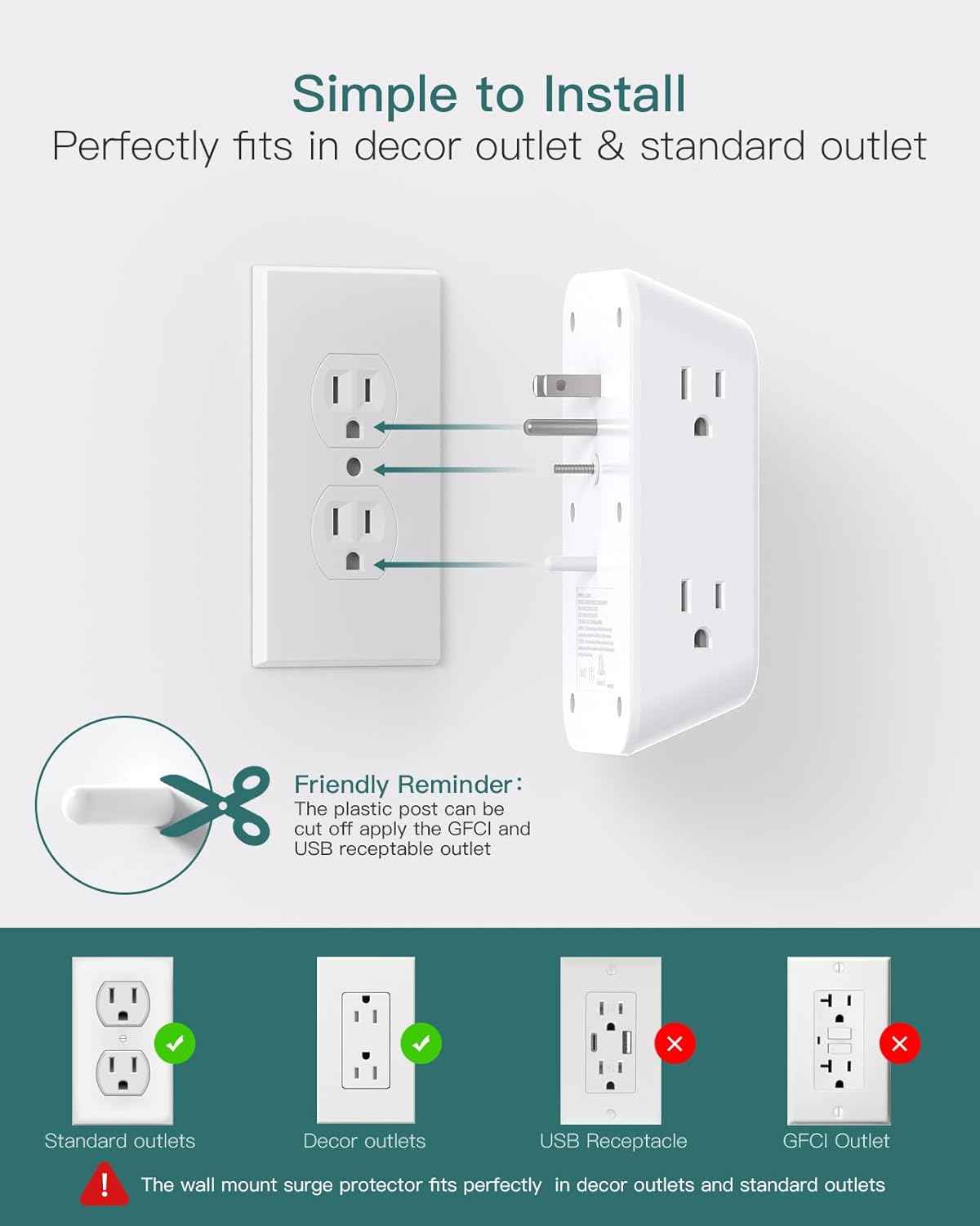 Addtam Surge Protector Outlet Extender, 6-Outlet Splitter with 4 USB Wall Charger(2 USB-C Ports), Multi Plug Wall Outlet 1800J Power Strip for Home Office Dorm Room Essentials