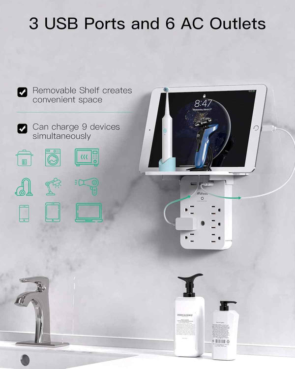 wall outlet extender with 6 ac outlets, shelf, 2 usb & usb c charging ports - compact plug expander
