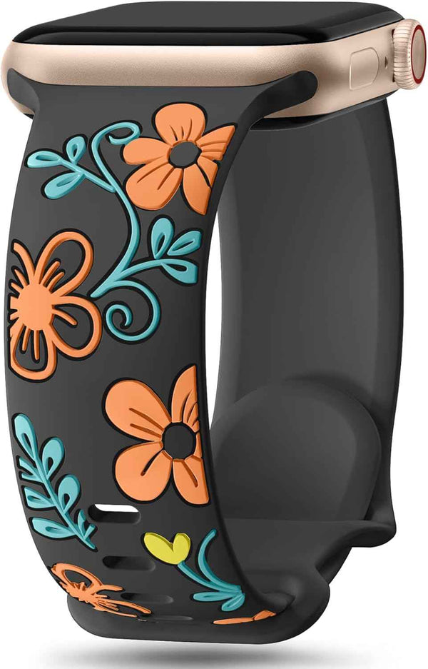 Witzon Floral Band Compatible with Apple Watch Bands For Women 40mm 41mm 38mm 42mm 44mm 45mm 46mm 49mm, Engraved Cute Flower Silicone Dressy Strap for iWatch Series 11 10 9 8 7 6 5 4 3 2 SE Ultra