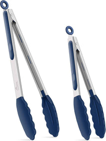 HOTEC Premium 7 & 9 Inch Kitchen Tongs, Stainless Steel Locking Cooking Tongs with Silicone Tips, Non-Scratch & Heat Resistant, Serving Tongs for Salad, BBQ, Classic Blue, Set of 2
