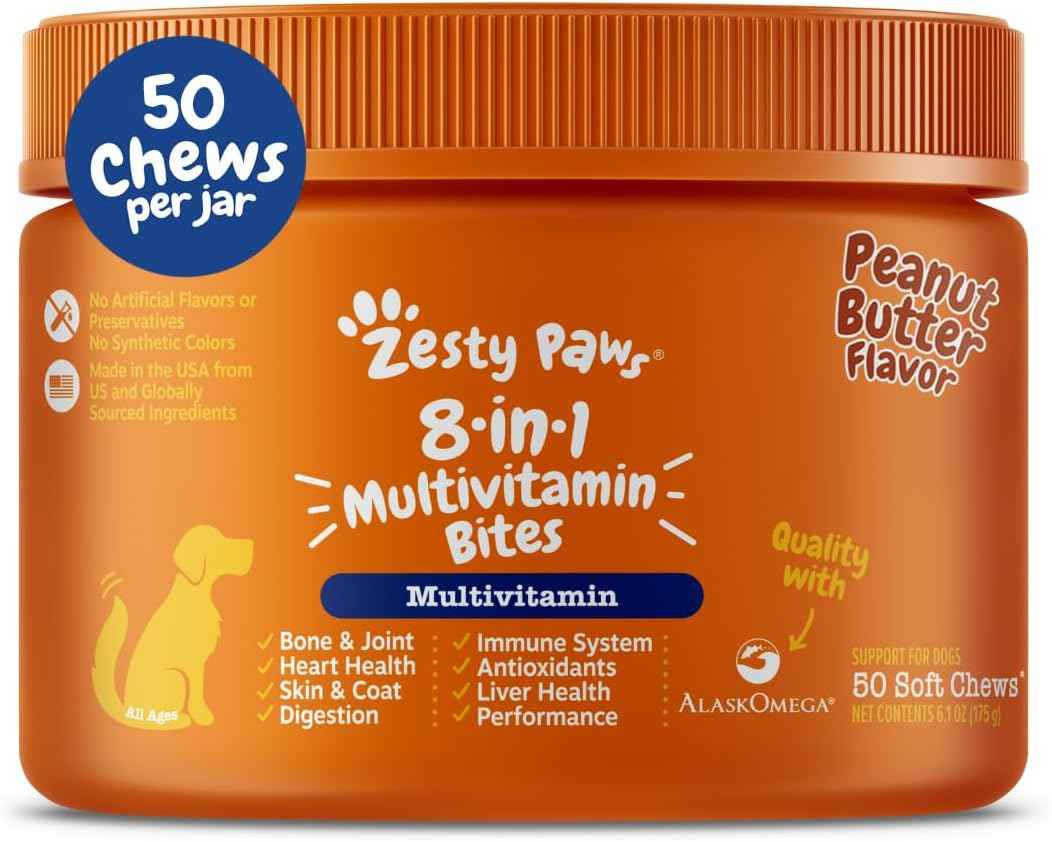 Zesty Paws Dog Multivitamin, Chewable Dog Vitamins and Supplements for Hip & Joints, Skin & Coat, Omega 3 Fish Oil for Dogs- Senior & Puppy Multivitamin- Chicken- 90ct