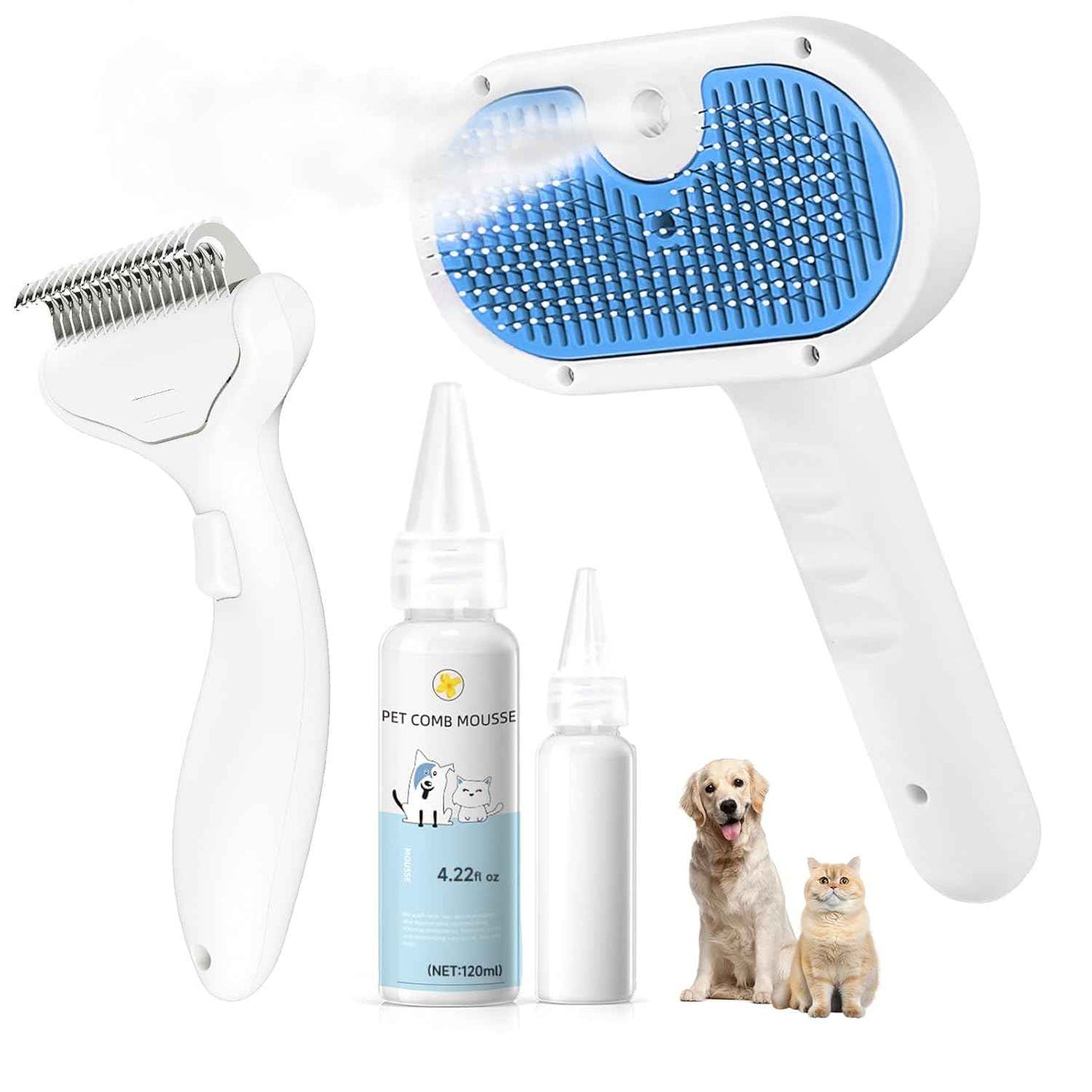 Pet Steam Brush for Dog & Cat - 3-in-1 Steam Grooming Brush for Shedding & Hair Removal - Self Cleaning Spray Comb with Mist for Long Haired Pets - Includes 1*Waterless Shampoo, Blue.