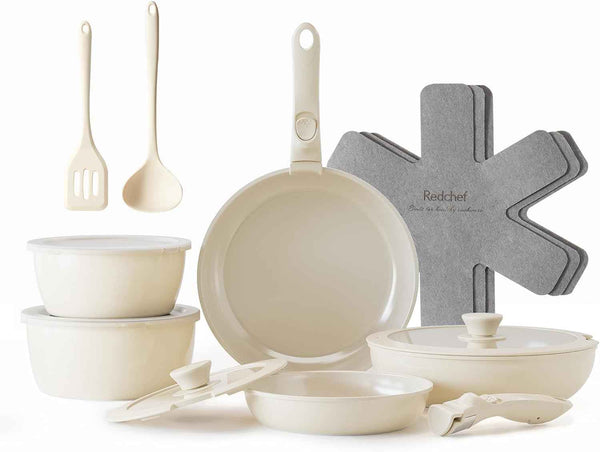 Redchef 16-piece ceramic non-stick cookware set, PFAS PFOA & PTFE free, RV camping, dishwasher oven safe