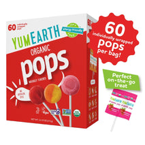 yumearth organic pops variety pack, 60 fruit flavored lollipops, allergy friendly, gluten free, non-gmo, vegan, no artificial dyes