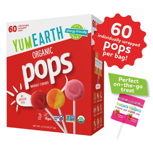 yumearth organic pops variety pack, 60 fruit flavored lollipops, allergy friendly, gluten free, non-gmo, vegan, no artificial dyes