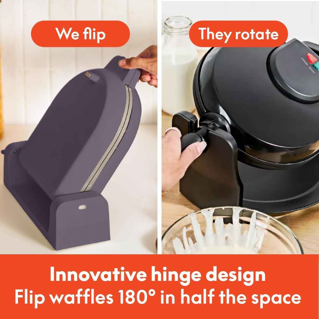 bella Flip-n-Store Waffle Maker, EverGood™ Ceramic Nonstick Coating, Fits-anywhere™ Kitchenware, Power Indicator Light & Touch Handle, 7” Wide & 1" Deep Plates, 1000 Watt, Plum