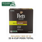peets coffee, dark roast decaf, 100% arabica, single serve coffee pods, 32 count box
