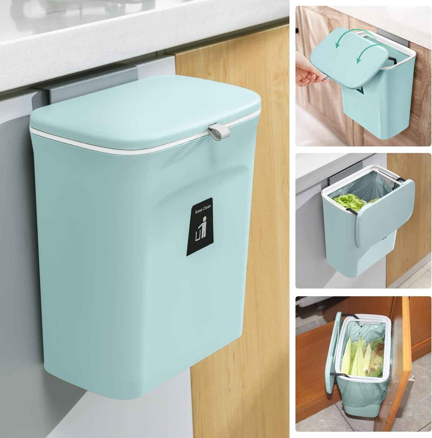 Tiyafuro 2.4 Gallon Kitchen Compost Bin for Counter Top or Under Sink, Hanging Small Trash Can with Lid for Cupboard/Bathroom/Bedroom/Office/Camping, Mountable Indoor Compost Bucket, Gray