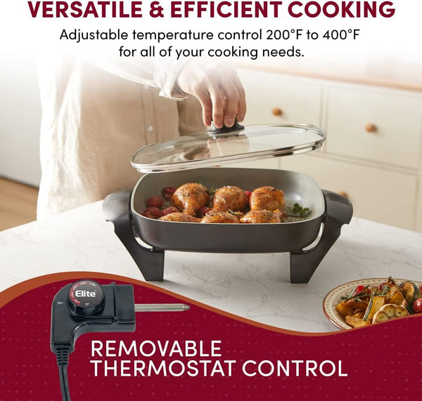 Elite 12"x12"x2.15" Ceramic Electric Skillet with Rapid Heat Up and Dishwasher Safe