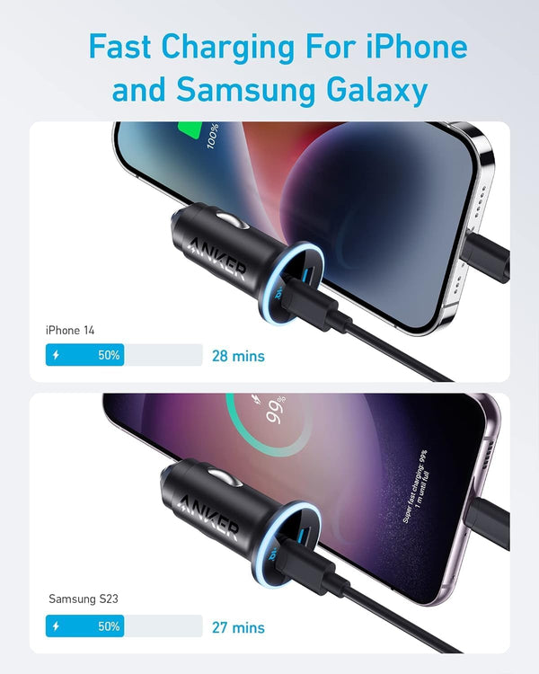 anker 52.5w dual-port usb-c car charger with poweriq 3.0 for iphone and galaxy