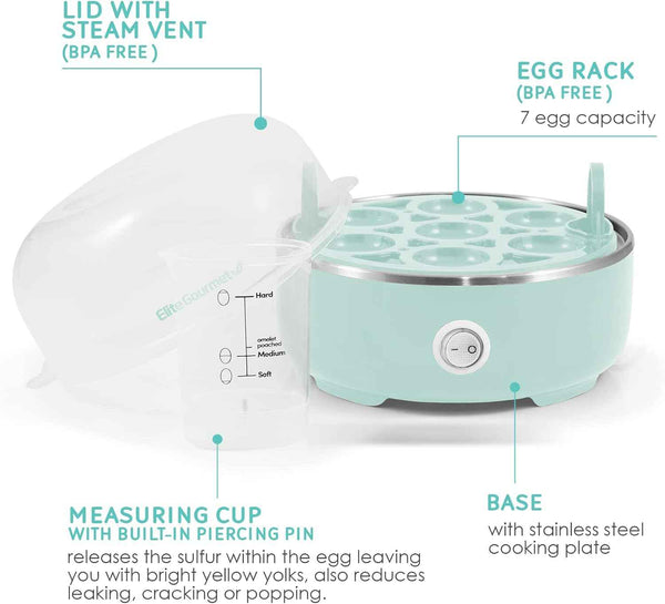 Electric 7-Egg Capacity Egg Cooker with Auto Shut-Off, Measuring Cup Included, Retro Mint