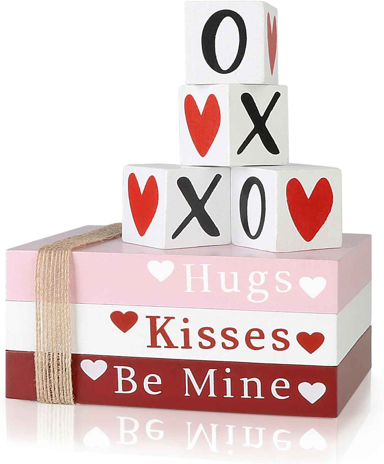Valentines Day Decor, Wooden Book Stack with 4 XOXO Signs - Valentines Day Decorations for The Home, Tiered Tray, Coffee Table, Fireplace Mantel, Shelf